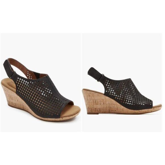 Rockport Shoes - Rockport Briah Perforated Black Wedge Sandal  Size 9M  Comfortable Cork Heel